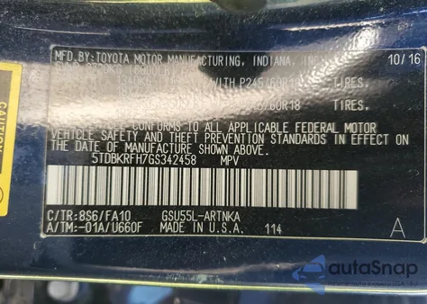 2016 Toyota Highlander Le z USA, uszkodzony, nr VIN 5TDBKRFH7GS342458